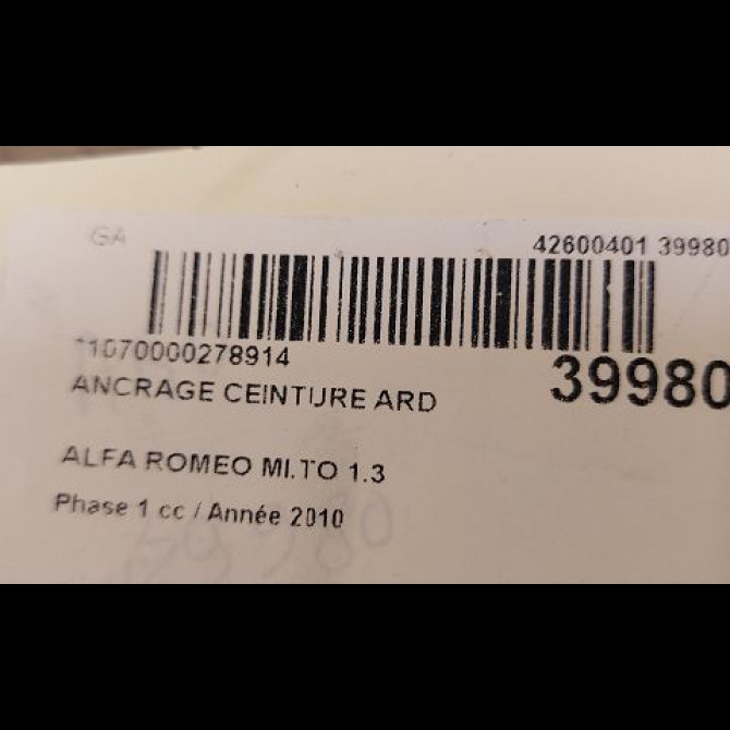 Ancrage ceinture arrière droit occasion ALFA ROMEO MI.TO MI.TO Phase 1 2008-09-01->2016-12-31 1.3 JTDM 95ch 156084659 3
