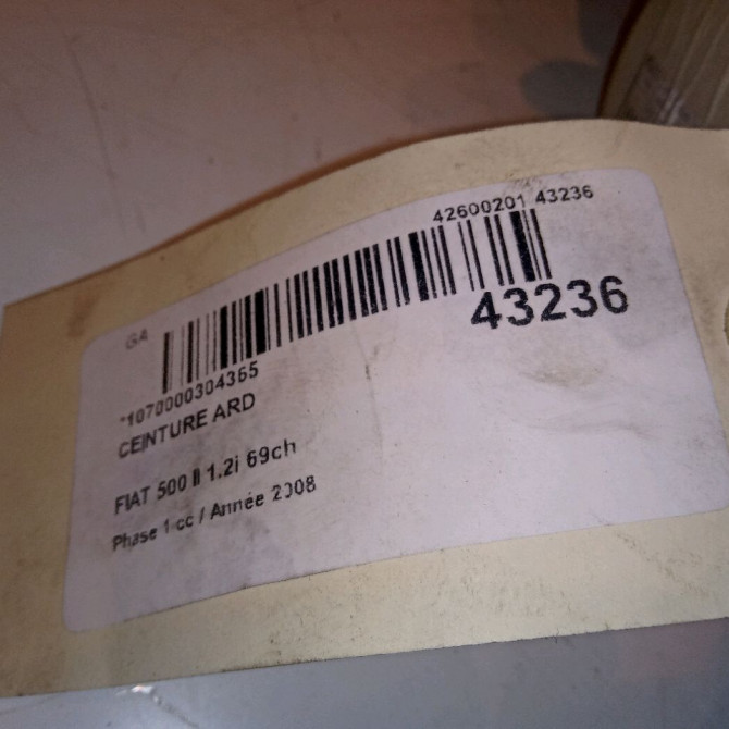 Ceinture arrière droite occasion FIAT 500 II 500 II Phase 1 2007-07-01->2016-03-31 1.2i 69ch 735451738 3
