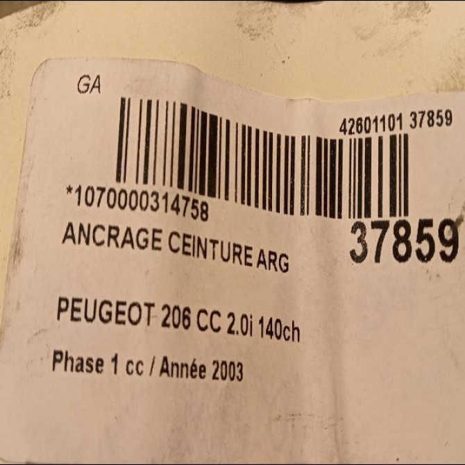 Ancrage ceinture arrière gauche occasion PEUGEOT 206 CC Phase 1 10-2000->03-2007 2.0i 140ch 2