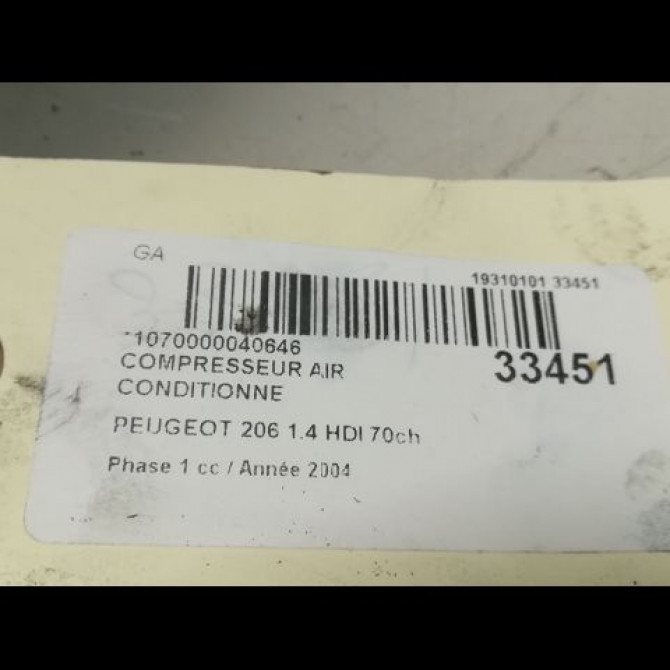 Compresseur air conditionne occasion PEUGEOT 206 Phase 1 09-1998->03-2009 1.4 HDI 70ch 9800822280 5