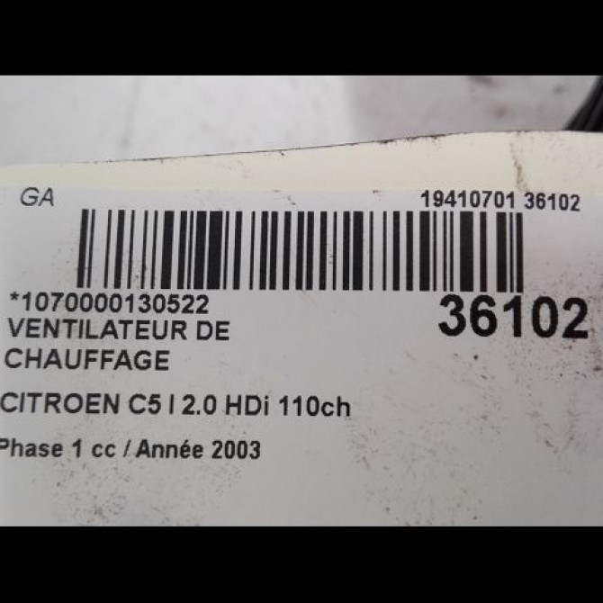 Ventilateur de chauffage occasion CITROEN C5 I Phase 1 03-2001->09-2004 2.0 HDi 110ch 6441N7 3