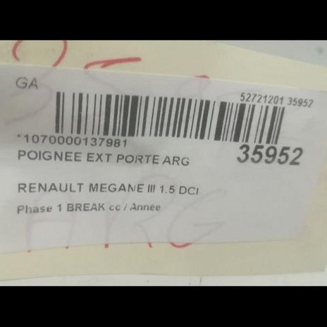 Poignee ext porte arg occasion RENAULT MEGANE III MEGANE III Phase 1 BREAK 2009-06-01->2012-01-31 1.5 DCI 90ch 806B03759R 3
