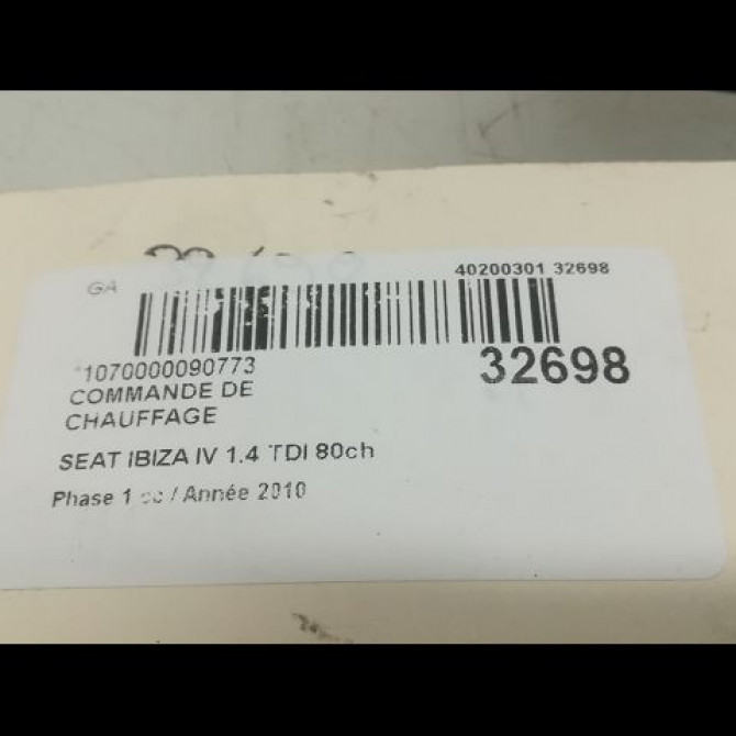 Commande de chauffage occasion SEAT IBIZA IV Phase 1 05-2008->01-2012 1.4 TDI 80ch 6J0820043DNEE 3