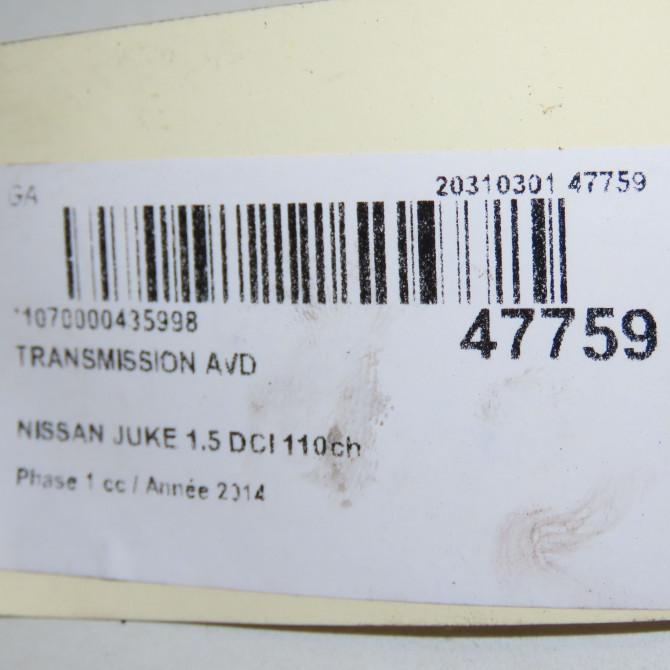 Transmission avant droite occasion NISSAN JUKE Phase 1 09-2010->... 1.5 DCI 110ch 391001KC0A 6