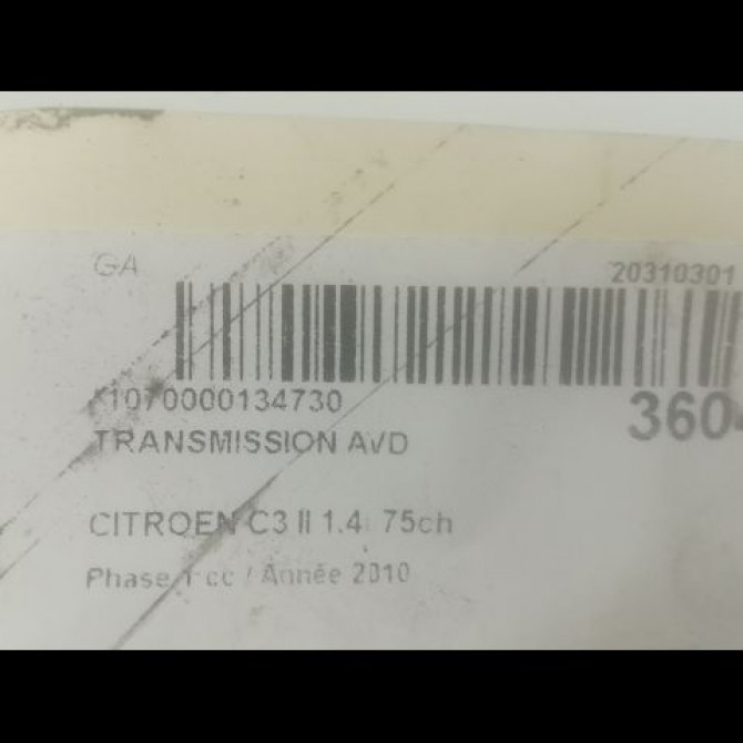 Transmission avant droite occasion CITROEN C3 II Phase 1 11-2009->02-2013 1.4i 75ch 9801384880 4