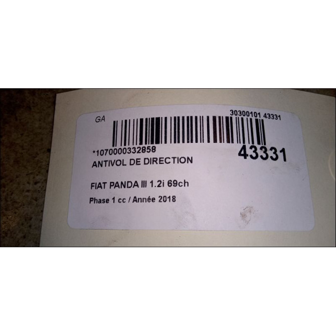 Antivol de direction occasion FIAT PANDA III Phase 1 01-2012->... 1.2i 69ch 52180852 3