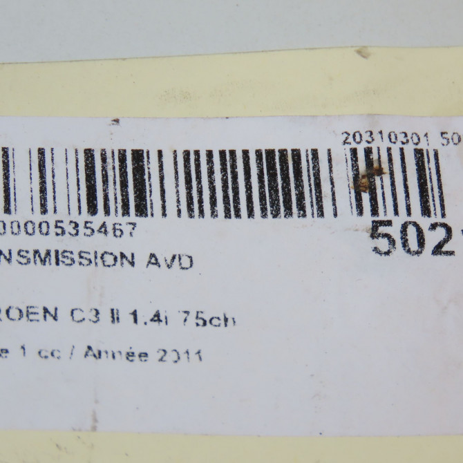 Transmission avant droite occasion CITROEN C3 II Phase 1 11-2009->02-2013 1.4i 75ch 9801384880 7