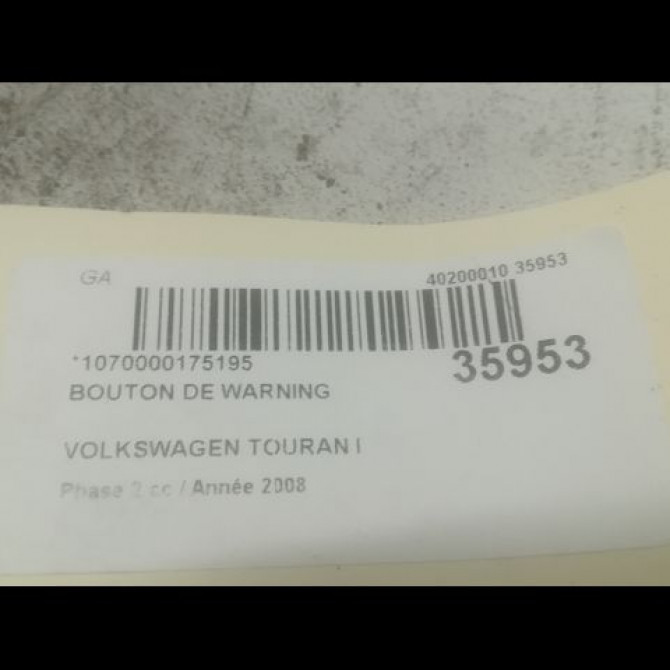 Bouton de warning occasion VOLKSWAGEN TOURAN I Phase 2 11-2006->09-2010 2.0TDi 16v 140ch 1T0953509B 2