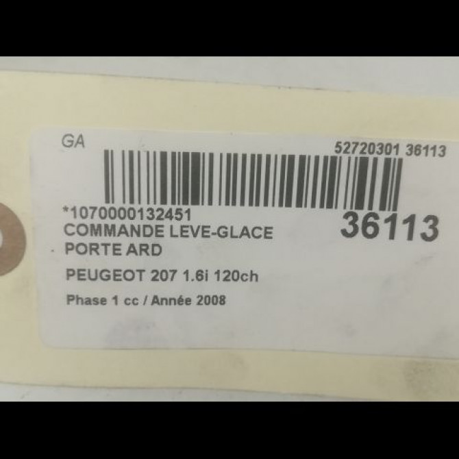 Commande leve-glace porte arrière droite occasion PEUGEOT 207 Phase 1 04-2006->06-2013 1.6i 120ch 6554QN 3