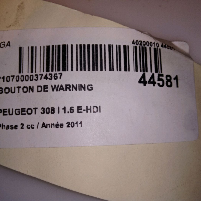 Bouton de warning occasion PEUGEOT 308 I Phase 2 04-2011->12-2014 1.6 E-HDI 112ch 4