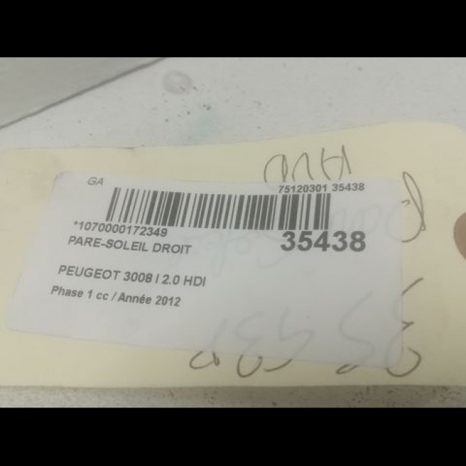 Pare-soleil droit occasion PEUGEOT 3008 I Phase 1 04-2009->12-2013 2.0 HDI 163ch 16115131BJ 3