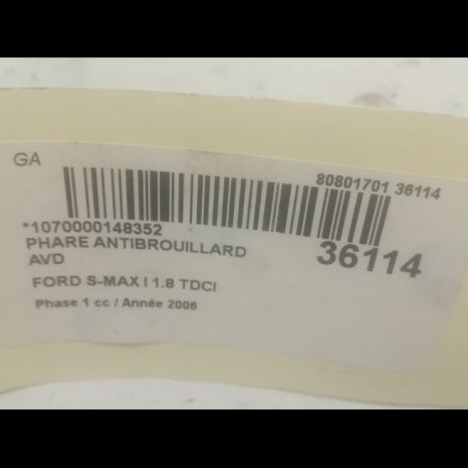 Phare antibrouillard avant droit occasion FORD S-MAX I Phase 1 05-2006->03-2010 1.8 TDCI 125ch 1598023 2