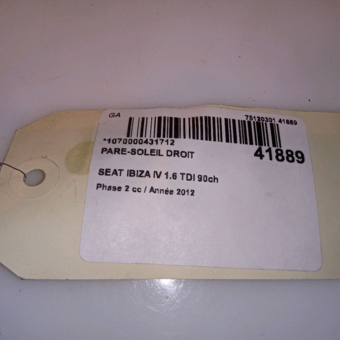 Pare-soleil droit occasion SEAT IBIZA IV IBIZA IV Phase 2 2012-02-01->2016-03-31 1.6 TDI 90ch 6J0857552C2F4 4