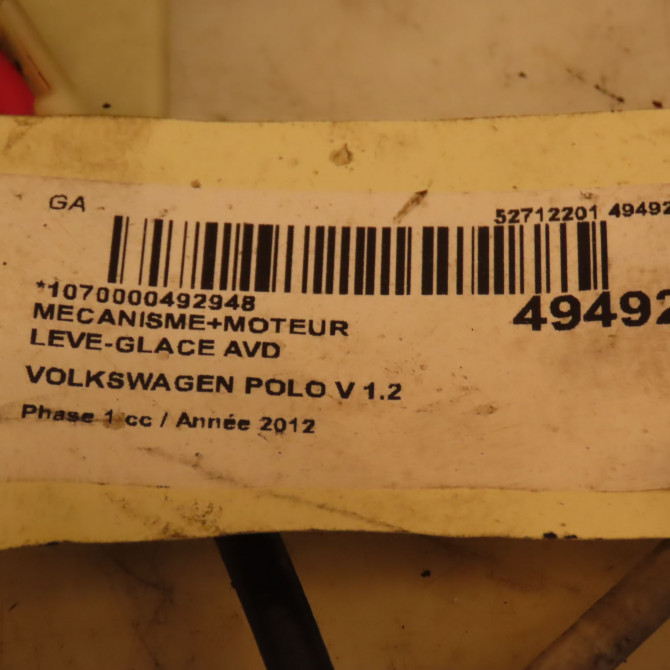 Mecanisme + moteur lève-glace avant droit occasion VOLKSWAGEN POLO V POLO V Phase 1 2009-09-01->2014-05-31 1.2 60ch 3