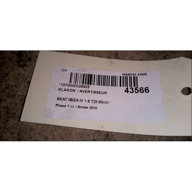Klaxon  / avertisseur occasion SEAT IBIZA IV Phase 1 05-2008->01-2012 1.6 TDI 90ch 6J0951206 3