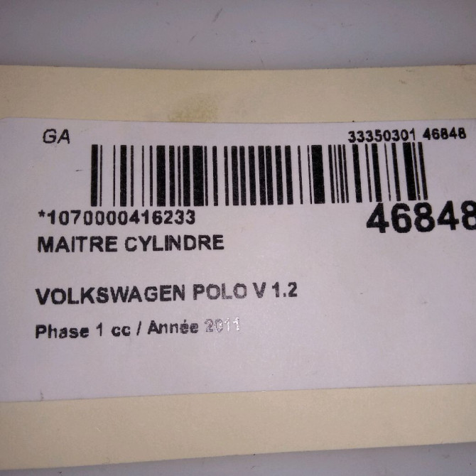 Maitre cylindre occasion VOLKSWAGEN POLO V POLO V Phase 1 2009-09-01->2014-05-31 1.2 60ch 6R1611019A 6
