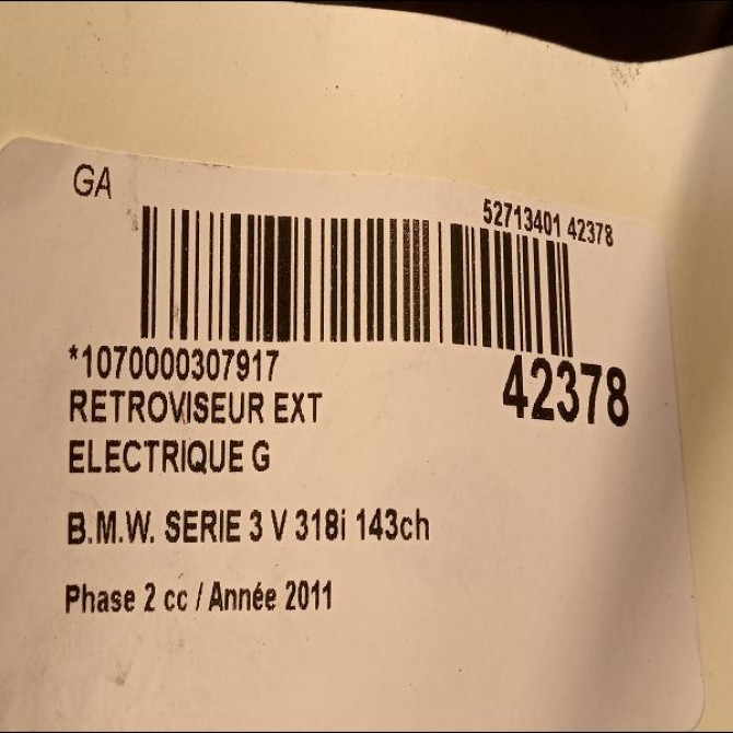 Retroviseur exterieur electrique gauche occasion B.M.W. SERIE 3 V Phase 2 09-2008->12-2011 318i 143ch 51167268261 3