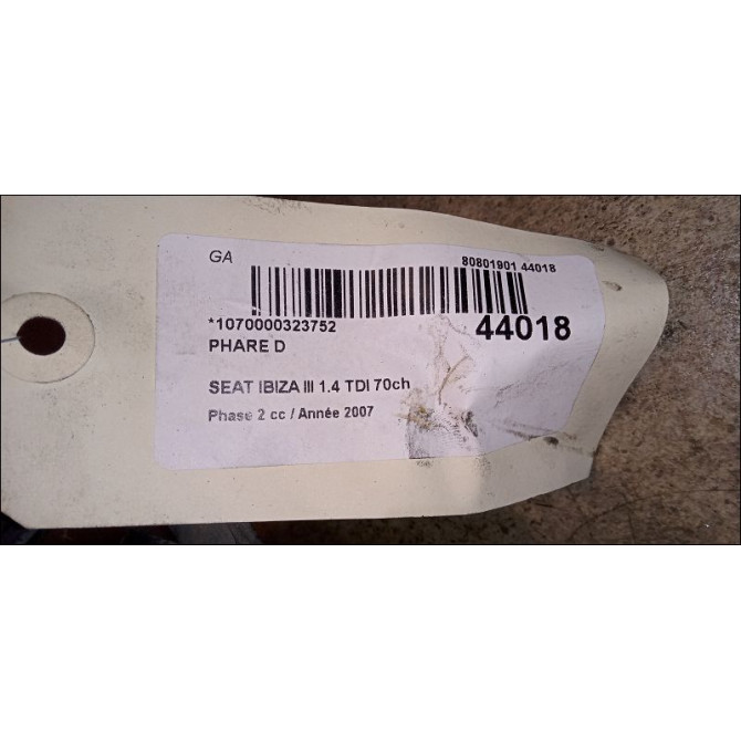 Phare droit occasion SEAT IBIZA III Phase 2 03-2006->06-2009 1.4 TDI 70ch 6L1941752D 3