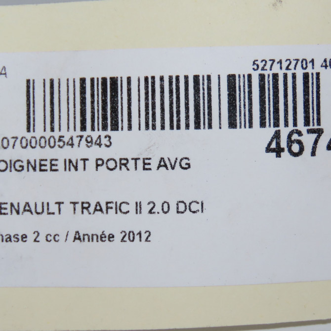 Poignee int porte avg occasion RENAULT TRAFIC II Phase 2 08-2006->... 2.0 DCI 16v 115ch 8200641924 4