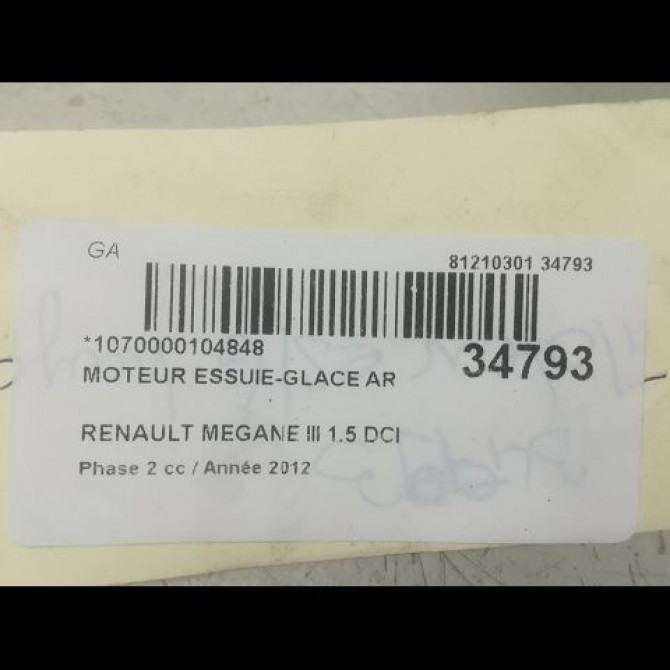 Moteur essuie-glace arrière occasion RENAULT MEGANE III Phase 2 01-2012->06-2014 1.5 DCI 110ch 287100007R 3