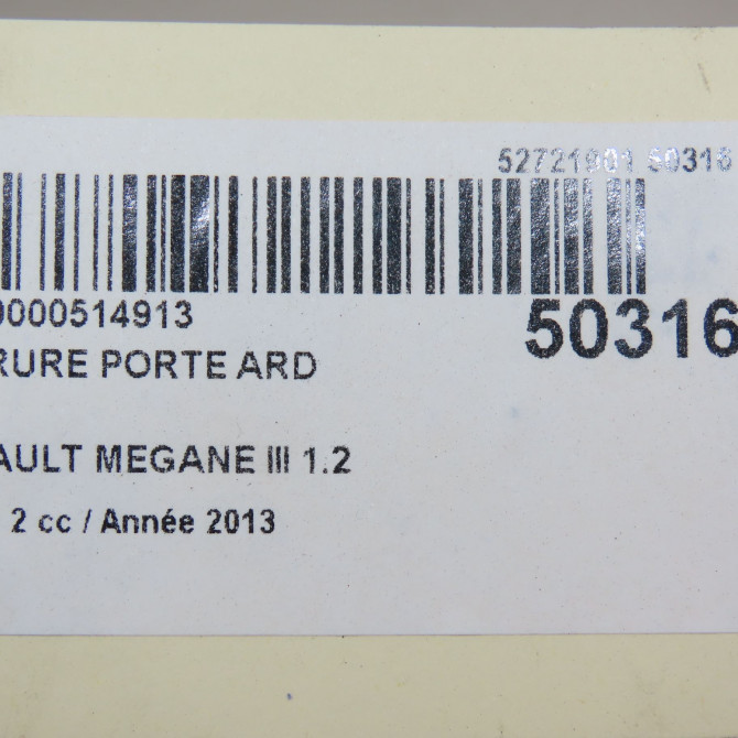 Serrure porte ard occasion RENAULT MEGANE III Phase 2 01-2012->06-2014 1.2 TCE 115ch 825020001R 7