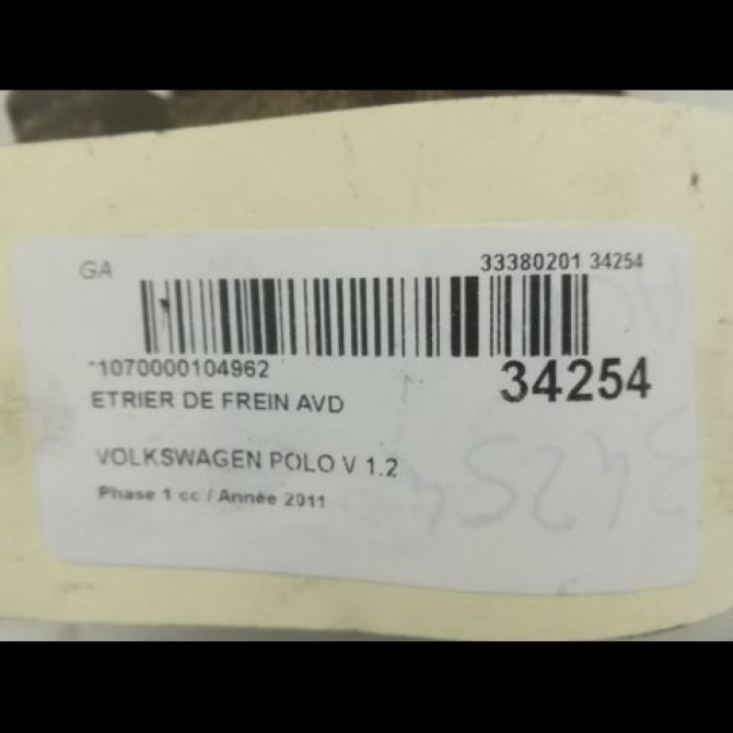 Etrier de frein avant droit occasion VOLKSWAGEN POLO V POLO V Phase 1 2009-09-01->2014-05-31 1.2 TDI 75ch 1K0615124D 3