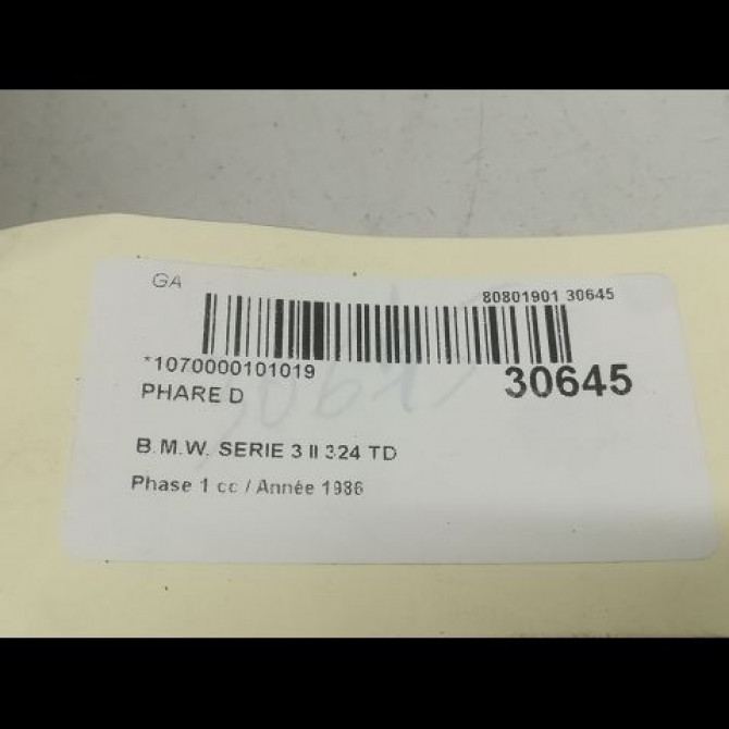 Phare droit occasion B.M.W. SERIE 3 II Phase 1 06-1983->01-1991 324 TD 3